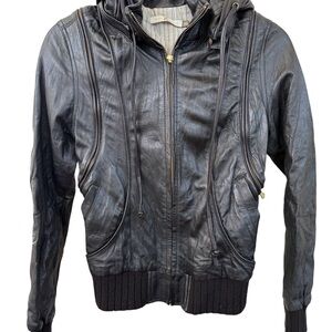 Mike & Chris Black Leather Hoodie Jacket Women’s XS Moto Urban Zip Up Bomber Y2K